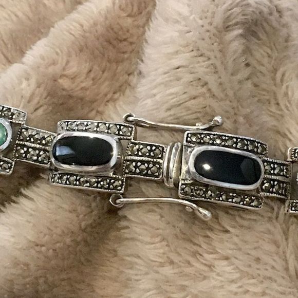 Art Deco Onyx Marcasite Malachite Sterling Silver Bracelet - Picture 8 of 13